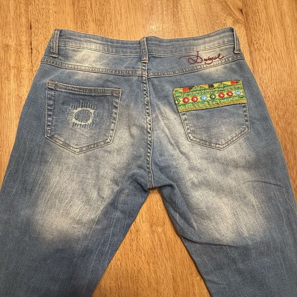 Desigual Ethnic Embroidered Jeans Boho Patchwork Denim Size 26 Hippie Zip Ankle - Picture 10 of 14